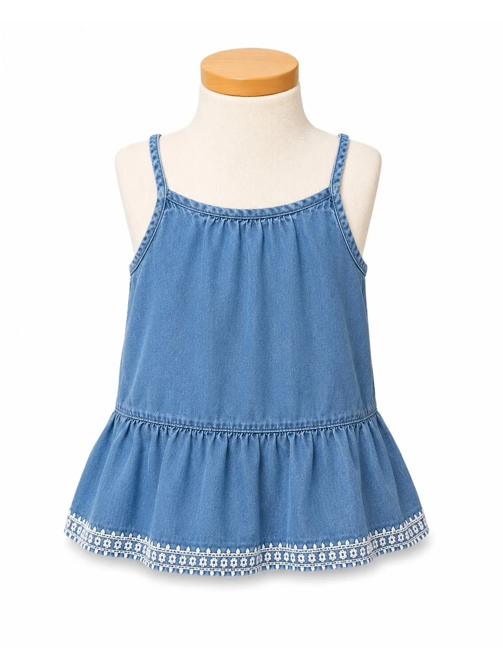 Old Navy Girls' Blue Denim Sleeveless Peplum Top Size S (6-7) with White Embroir